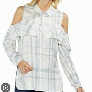 Vince Camuto Cold Shoulder Ruffle Button Down Top